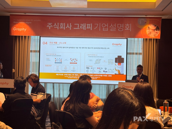 ▲30일 개최한 그래피 기자간담회에서 심운섭 대표가 사업 소개 하고 있다.