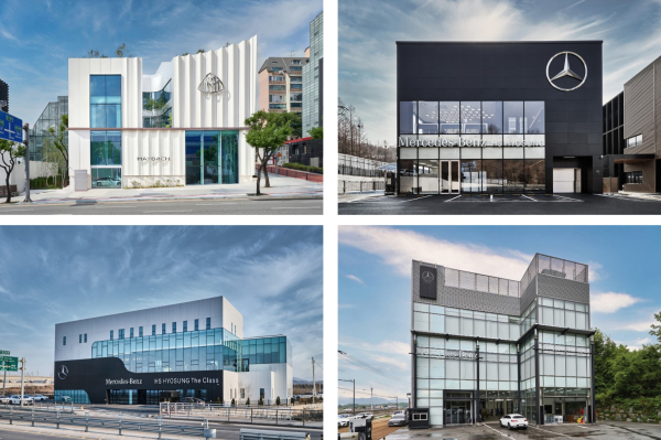 (좌측 상단부터 시계방향) 마이바흐 브랜드센터 서울, 방배 전시장, 청주 전시장, 청주 서비스센터 [사진=HS효성더클래스 제공]