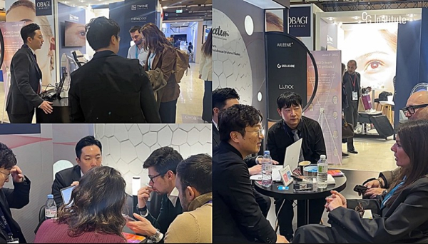 ▲ IMCAS 2026 전시 기간 중 시지바이오 부스에서 글로벌 의료진 및 대리상들이 ‘페이스템’을 비롯한 에스테틱 제품군에 대한 설명을 듣고 있는 모습