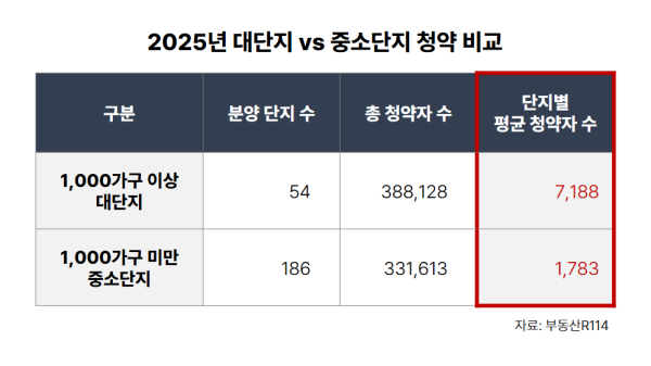 2025년 대단지와 중소단지 청약 비교표 [사진=부동산R114]