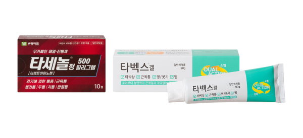 ▲타세놀정 500mg(사진 왼쪽)과 타벡스겔 제품 이미지